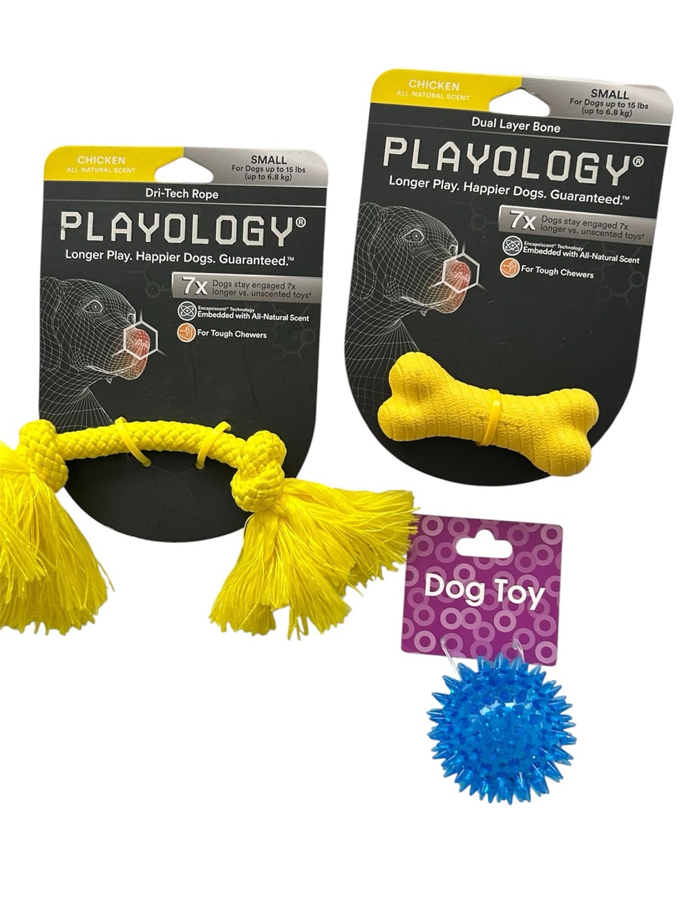 New Bundle Playology Small Dog Toys Dual Layer Bone Dri-Tech Rope + Spiky Ball